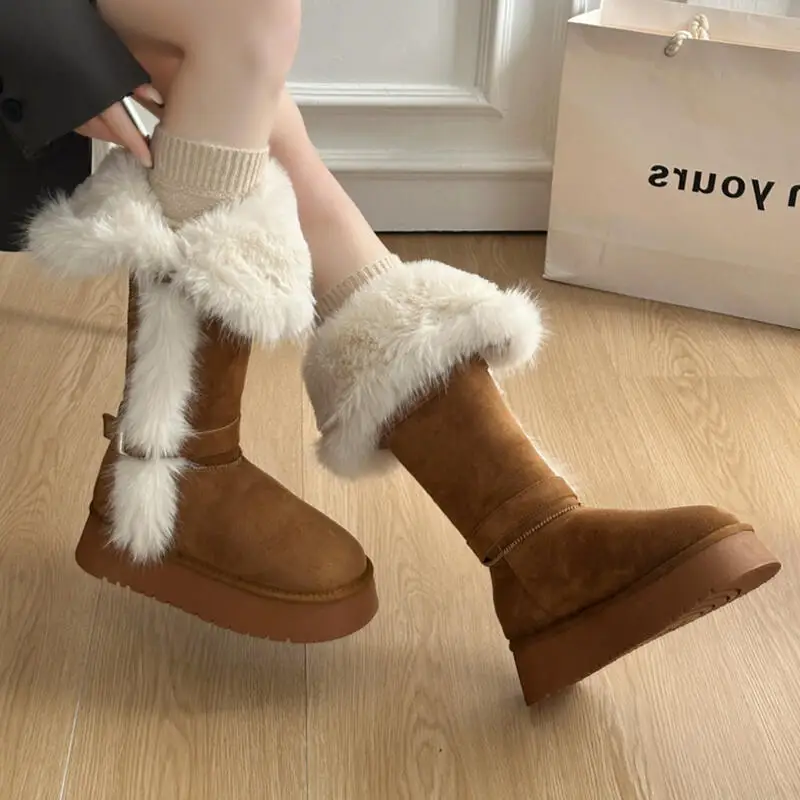

Luxury Fluffy Fur Thick Bottom Snow Boots Women 2025 Winter Metal Buckle Furry Designer Knee High Boots Woman's Plush Long Boots