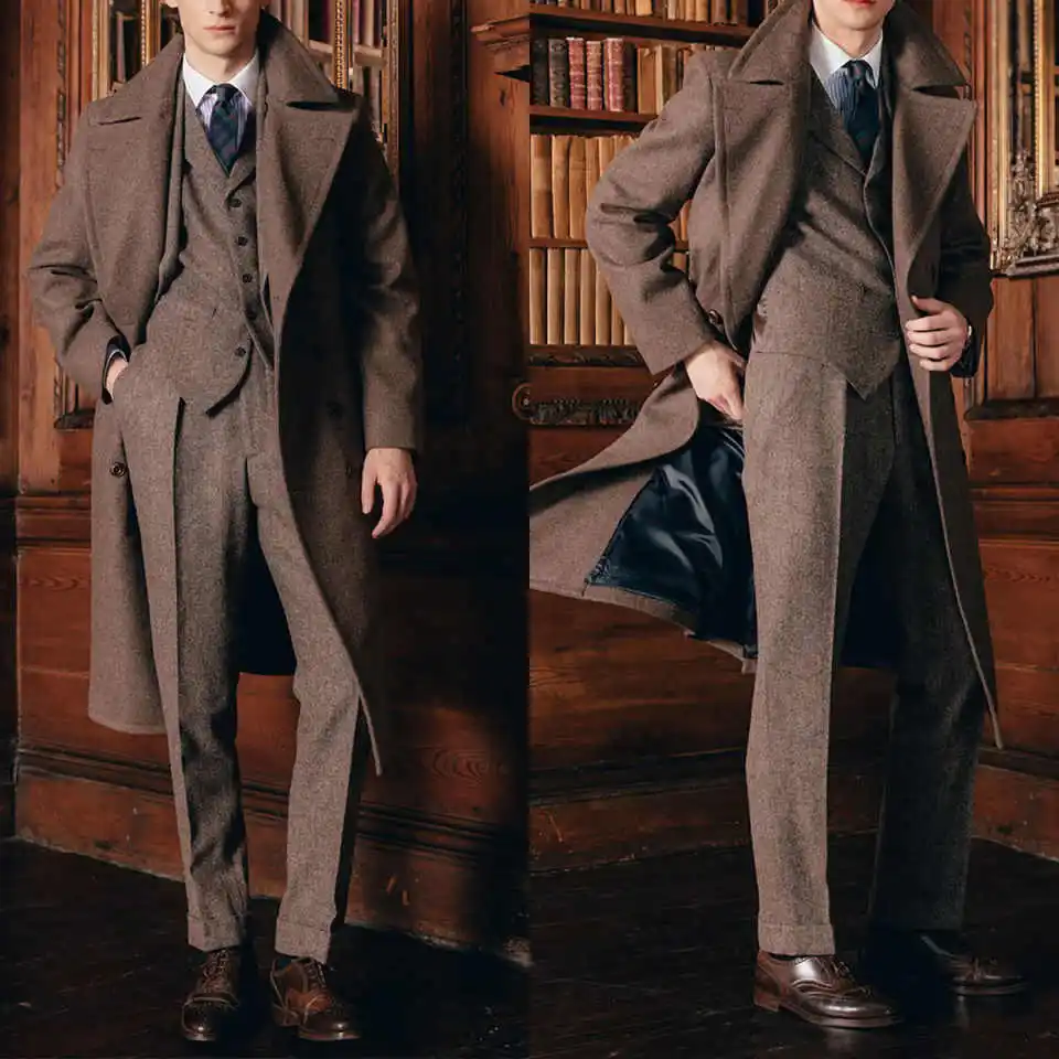 

Мужская темно-коричневая шерстяная куртка, зимнее пальто, тяжелый ветрозащитный длинный смокинг с лацканами, пальто по индивидуальному заказу, комплект из 3 предметов