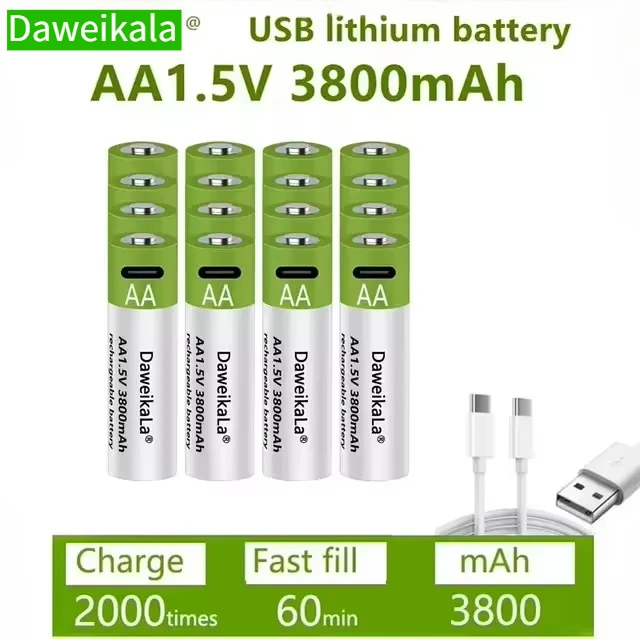 Daweikala 1.5V AA 3800mAh Type-C Rechargeable Lithium Battery for Hunting Camera Remote Control Mouse Smart Door Lock Microphone