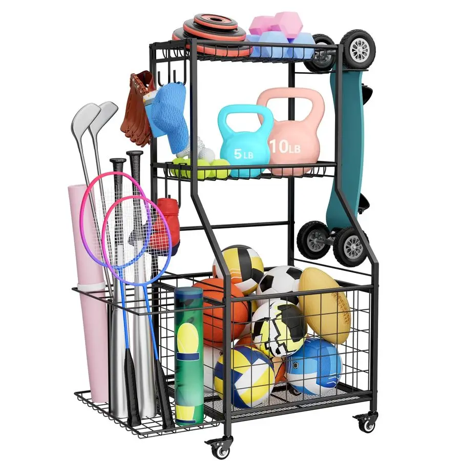 スポーツ用品オーガナイザー、ガレージボール収納ラック（バスケットとフック付き）、頑丈なホイール付きローリングボールカート（おもちゃ収納用）
