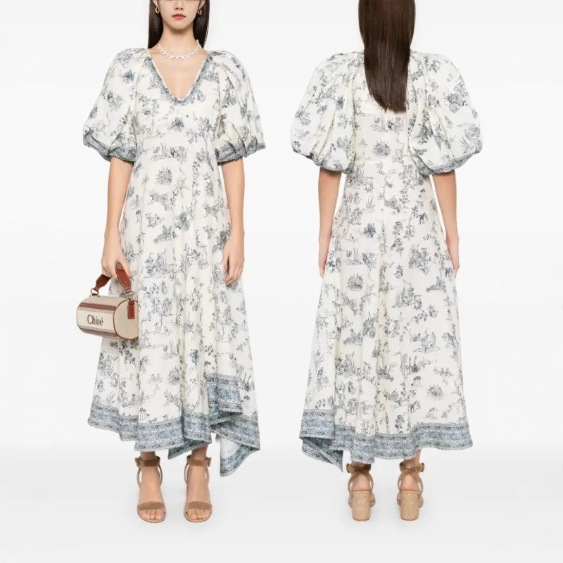 

2025 New European American Cotton Linen Print Bubble Sleeve Hem Flounce Long Dress