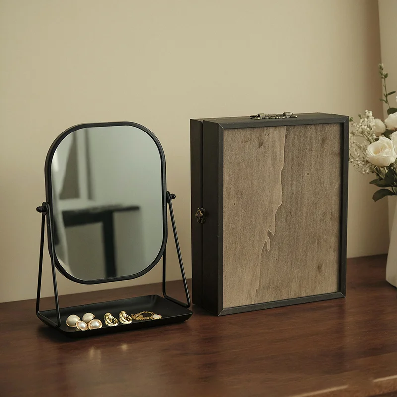 Metal Makeup Mirror with Storage Shelf - HD Desktop Vanity Mirror with Organizer Tray for Cosmetics & Jewelry