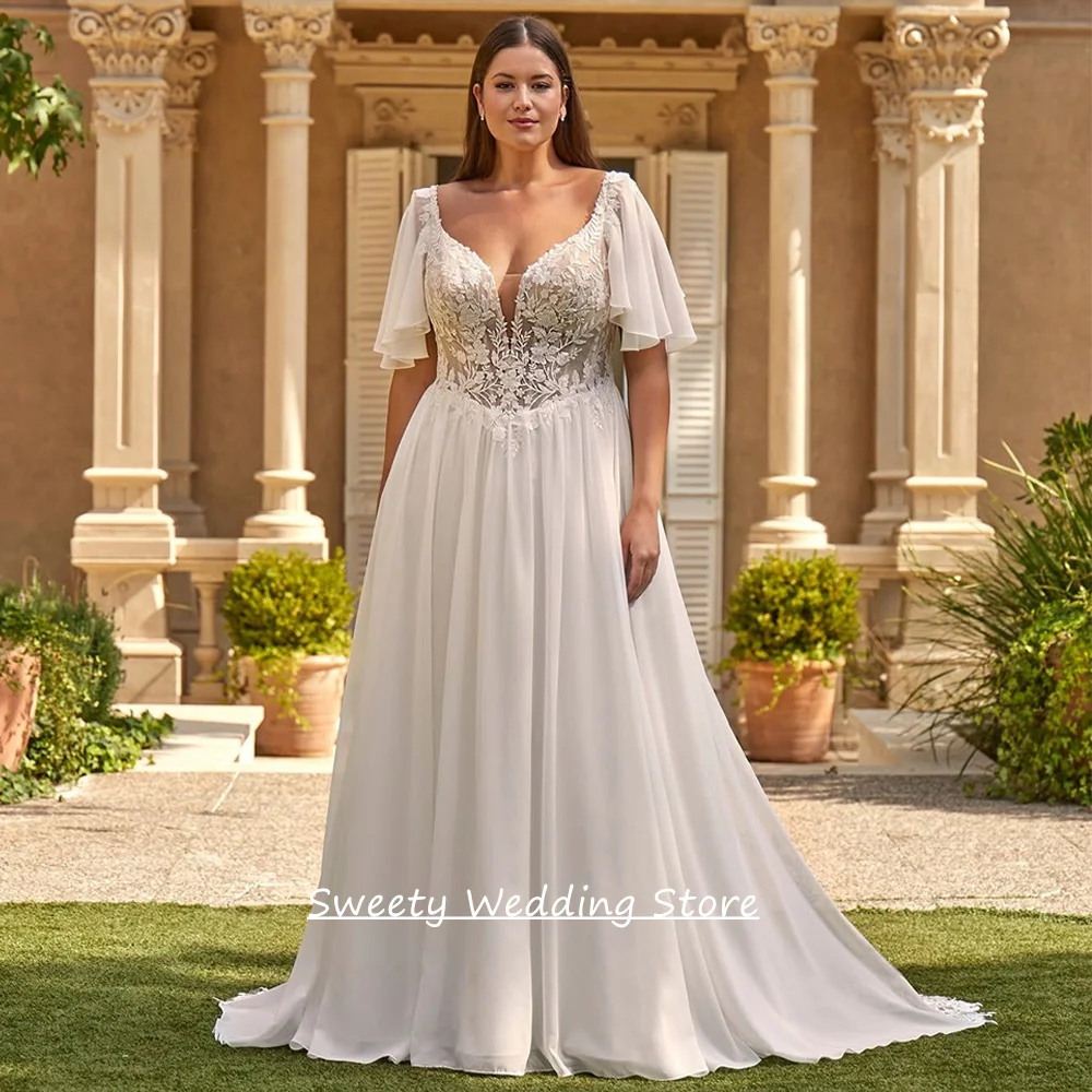 Plus-Size-Hochzeitskleid mit abnehmbaren Ärmeln, maßgeschneiderter V-Ausschnitt, Pailletten-Applikation, durchsichtiges Chiffon-Brautkleid, Brautkleider