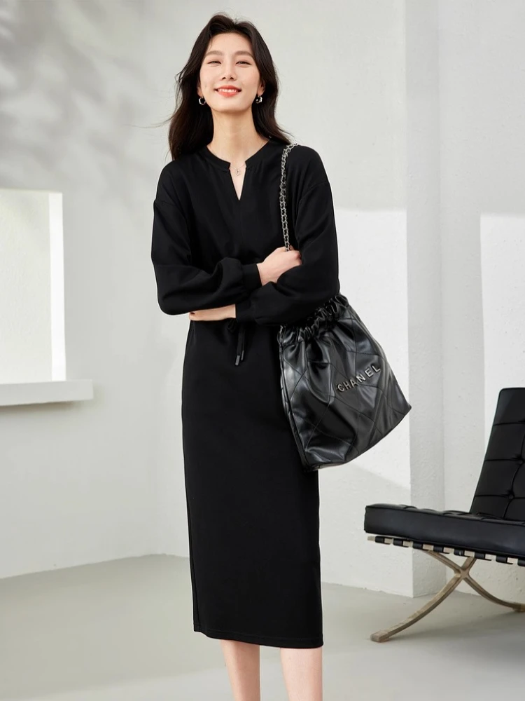 

VIMLY Black French Elegant Midi Dresses 2025 Autumn V-neck Knit Draw String Female Dress Long Sleeve A-line Ladies Dress M5853