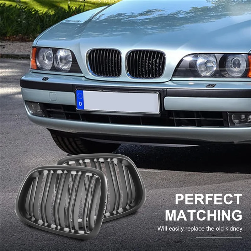 A45F-Front Bumper Kidney Grill Replacement Dual Slat Grilles For BMW E39 5 Series 525 528 1995-2004 Matte Black