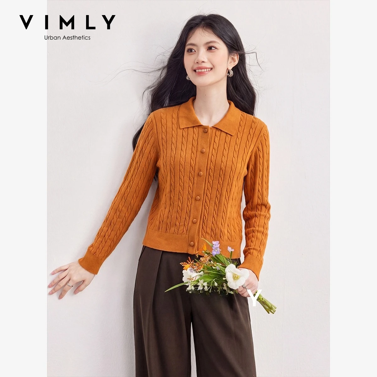 VIMLY Women's Orange Knit Cardigan Polo‑collar Cable‑knit Vintage Short Sweater Elegant Fashion Long Sleeve Tops Ladies 31670