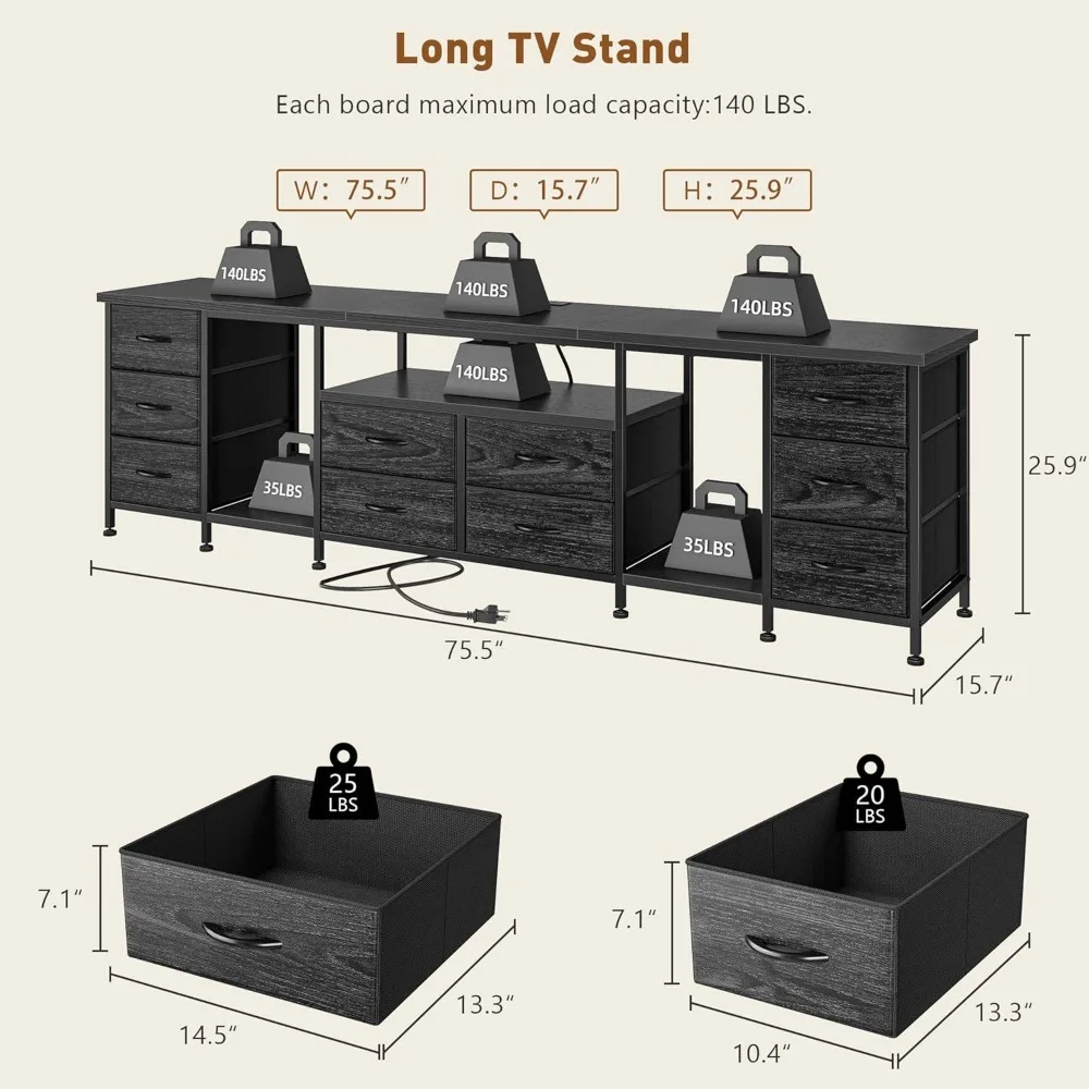Suporte de TV de 75, 80, 85 polegadas, com 10 gavetas de tecido, centro de entretenimento de 75,5 W com luzes LED e tomadas de energia, suportes de TV