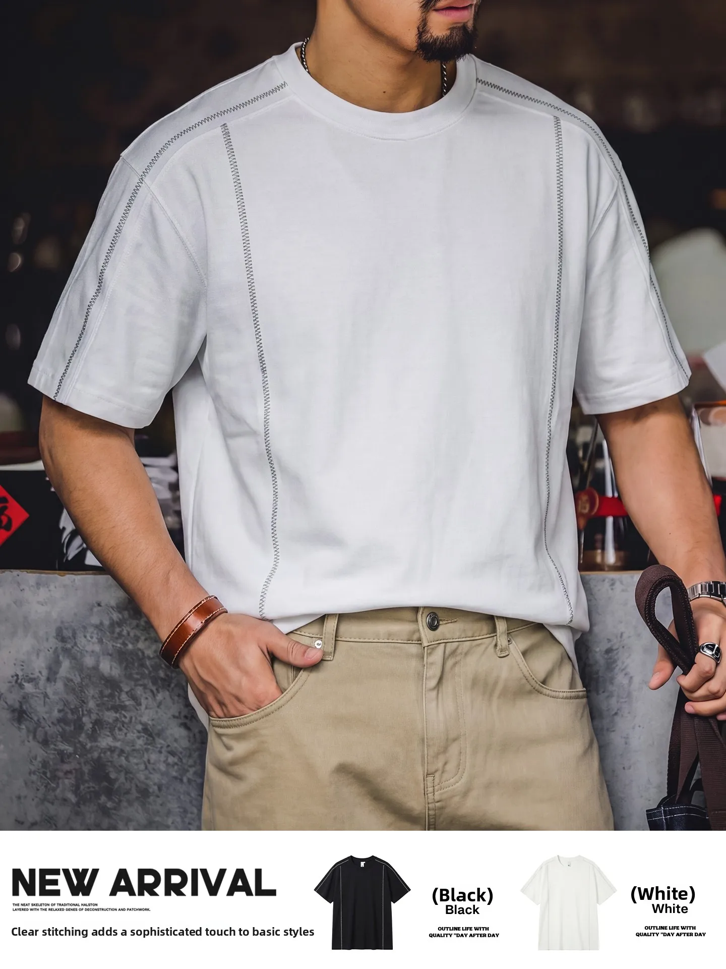 American Retro Stitching Design Loose Fit round Neck Short Sleeve Men's T-Shirt Breathable Comfortable Cotton Polyester Blend...