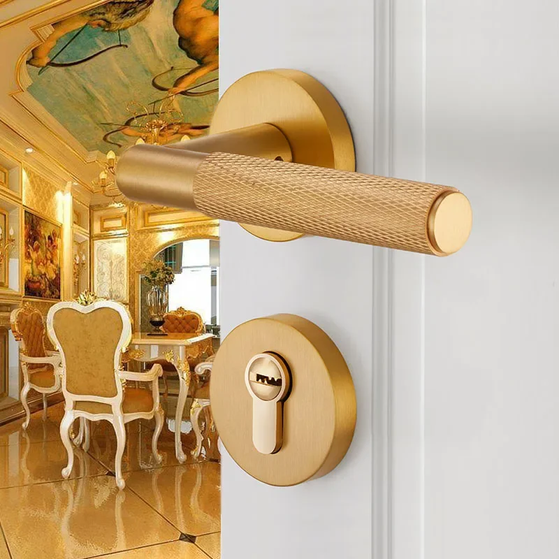 

Solid Brass Indoor Lock Golden Europen Room Locks Modern Luxury Wood Door Handle Lockset Bedroom Bookroom Round Rod Locksets