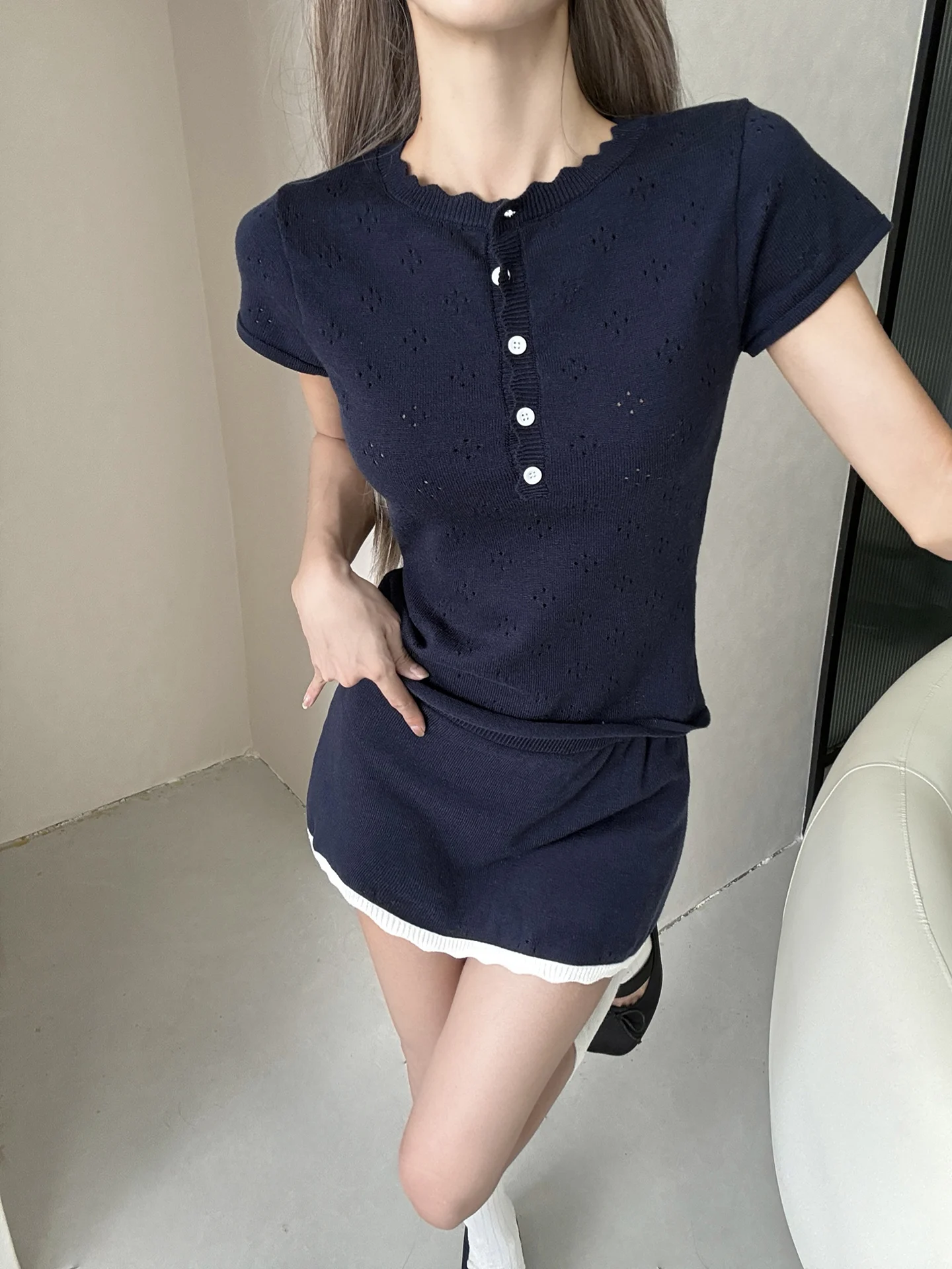 MianCun British Style Knitted Short Sleeve T-Shirt Women's Henry Collar Waist Cinched Slim Fit Top Half Skirt Set Summer Fashion
