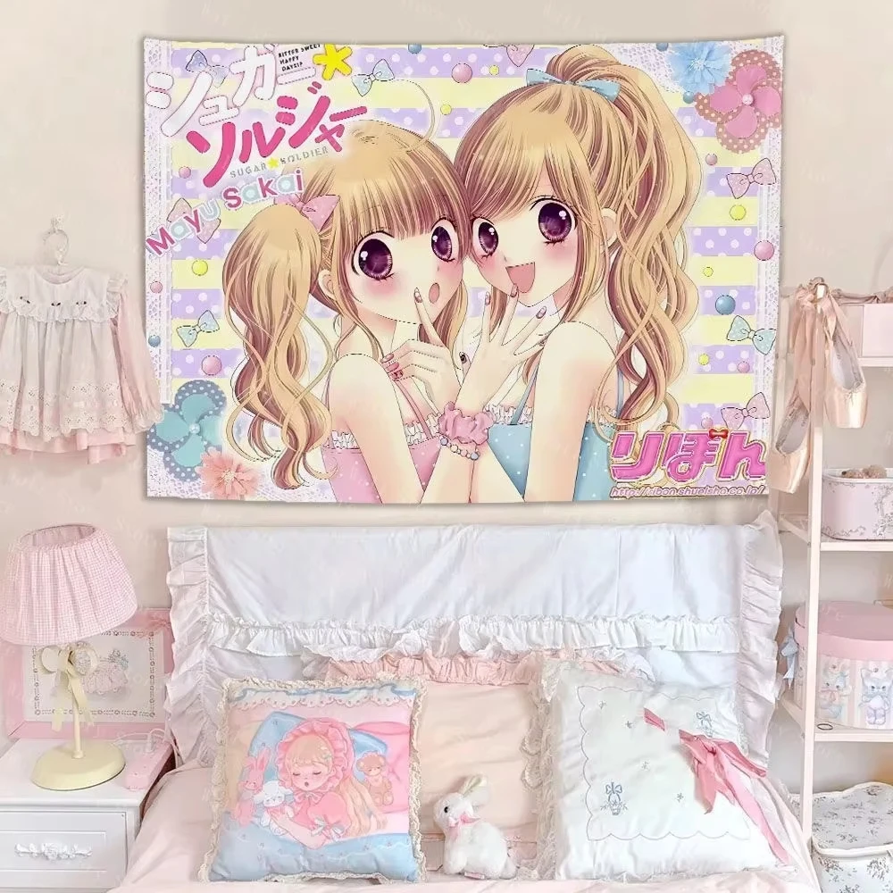 Anime-Mädchen Herz-Wandteppich - Japanischer Niedlicher Stil Wandbehang, Ambiente-Dekoration für Schlafzimmer, Bettseite & Badezimmer
