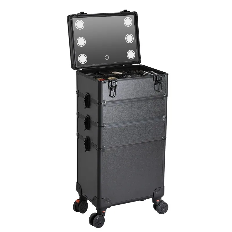 Aluminum alloy large multi-layer mirror case with lamp, trolley cosmetic case, makeup artist manicure toolbox.