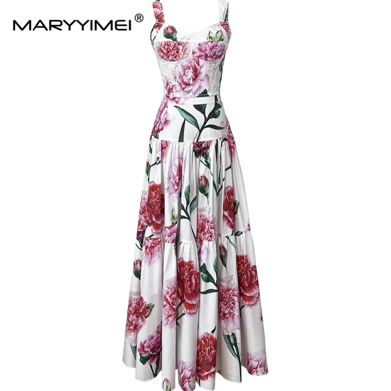 MARYYIMEI Fashion Runway Summer Cotton Skirts Suit Women's Short Spaghetti Strap Top+Floral print Skirts 2 Pieces Set