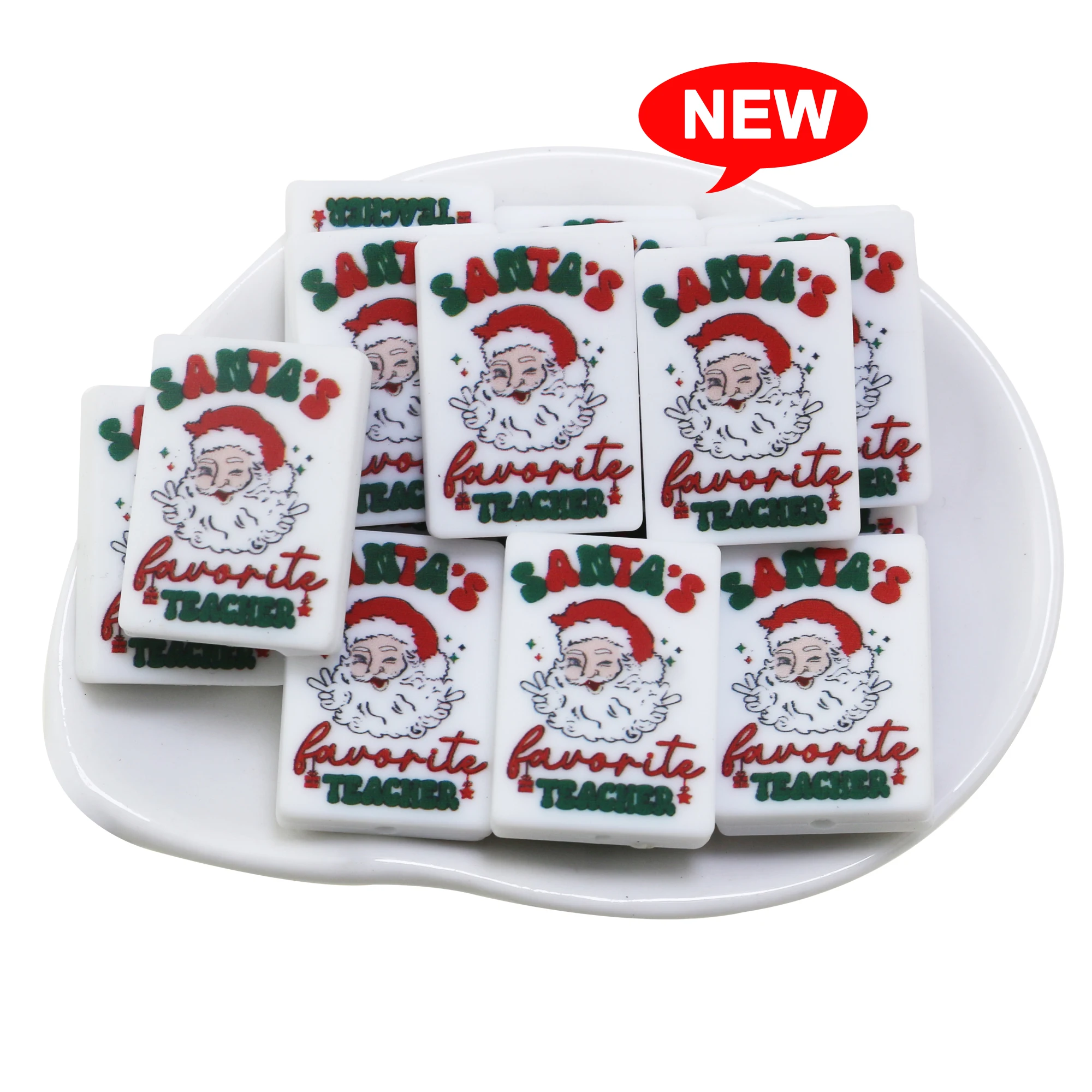 10Pcs Merry Christmas Square Printing Silicone Beads Santa Hat Cat Pattern Designs DIY Beaded Pen Chain Jewelry Accessories