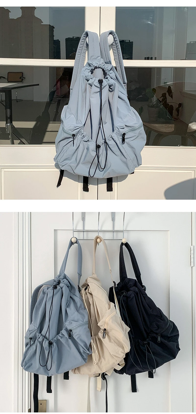 Fashion Ruched Drawstring Backpacks For Women Aesthetic Nylon Fabric Girl Backpack Lightweight Students Bag Travel Female Bag 백팩