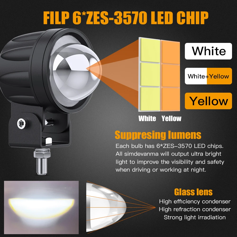 MONDEVIEW 12V 24V Led Work Light Motorcycle Spotlight Hi/Lo Beam Drving Headlight White Yellow Led Fog Light Car Auxiliary lamp