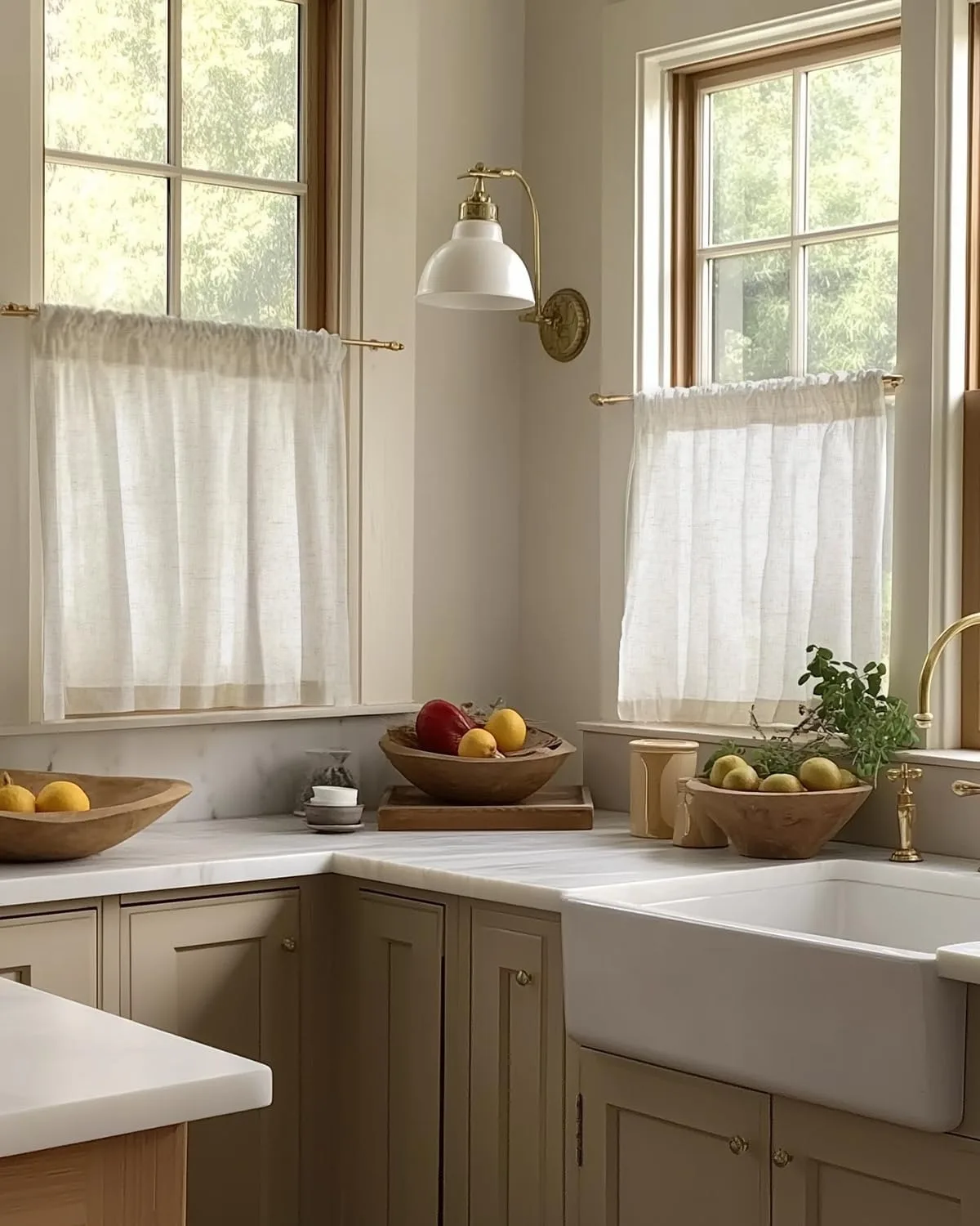 Linen Kitchen Curtains 30 Inch Tier Curtains Farmhouse Cream Beige small window treatment, cottage style, kitchen, laundry room