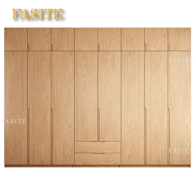 Solid Wood Wardrobe Modern Simple Bedroom Closet with Drawers Flat Door Locker