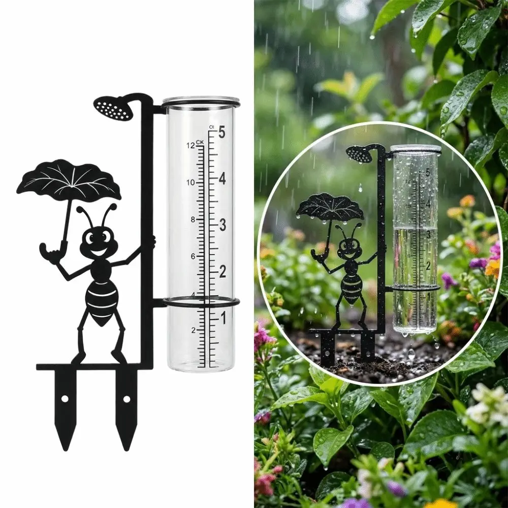 Dual Scale Outdoor Rain Gauge Clear Tube Black Metal Stake Garden Rain Gauge Two Pointed Lower Prongs Cartoon Ant Design