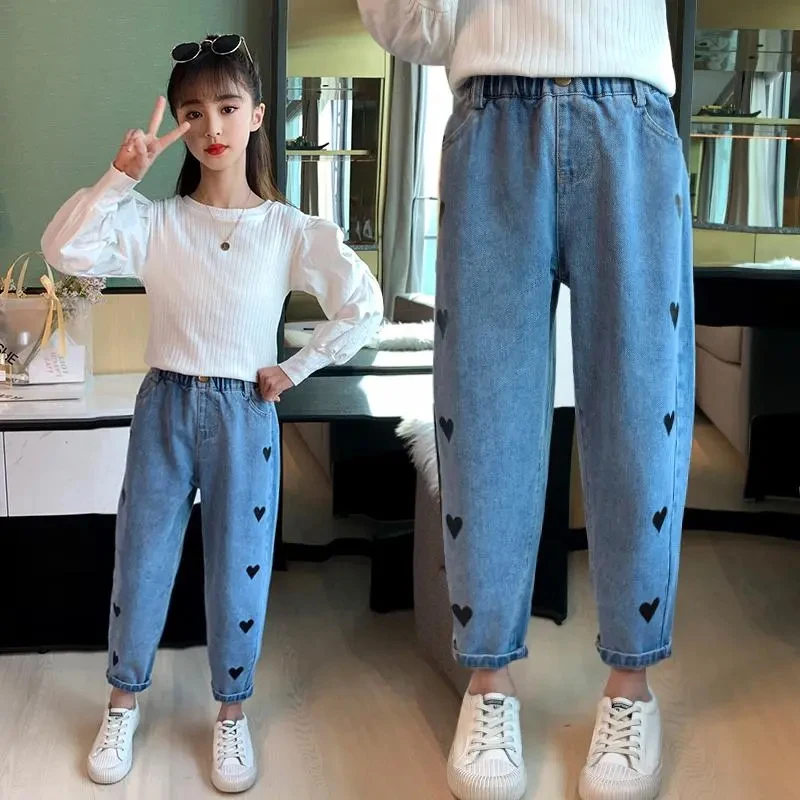 Girls\' pants spring and autumn outerwear 2024 new middle-aged and young children\'s casual jeans spring children\'s jeans