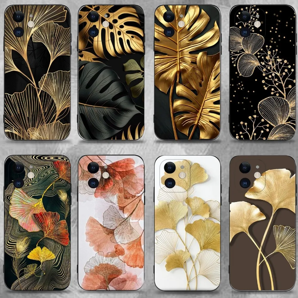 

Golden Ginkgo Leaf Powder Phone Case For iPhone 16,15,14,13,12,11 Plus,Pro Max,XS,X,XR,SE,Mini,8,7,Soft Silicone Black Cover