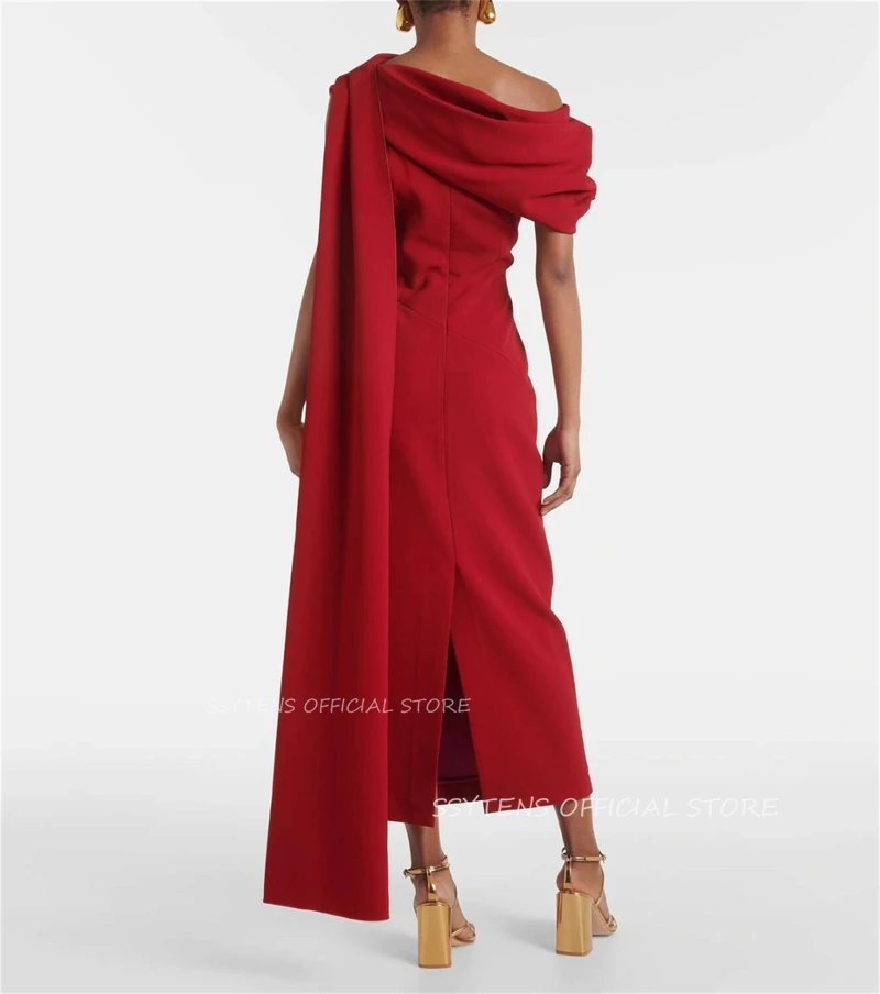 Formal Red Shawl Sleeve Saudi Arabian Party Dress for Women Elegant Prom Gown Ankle Length Special Event Occasion Evening Dress