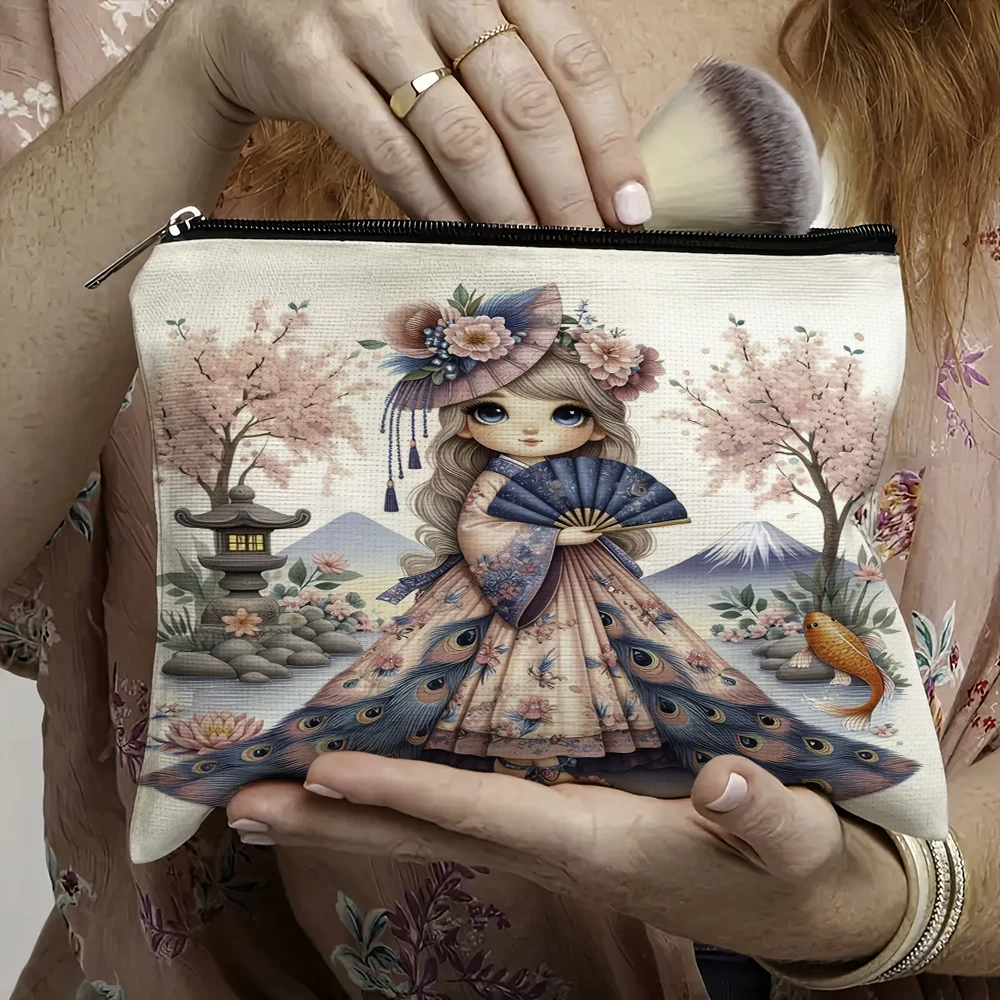 

Casual Cartoon Girl Mount Fuji Lady Makeup Zipper Bags Double Print Clutch Purse Women Cosmetic Bag Child Wallet Travel Pouch