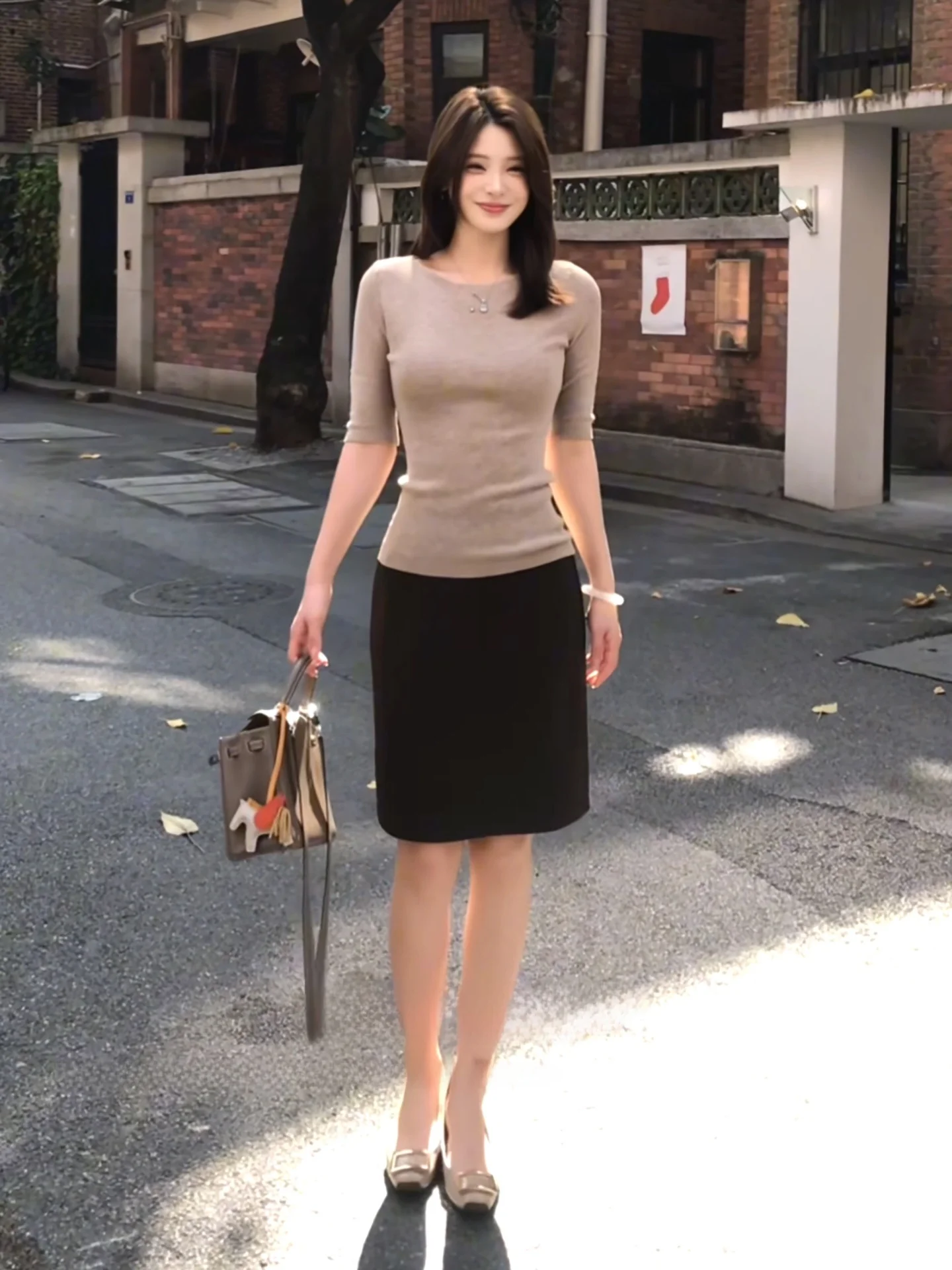 Minimalist Knitted Women's Top round Neck Five Sleeve Commute Gentle Korean Style Base Shirt Lightweight Mature Fashion