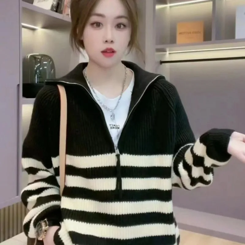 Korean striped half zipper long sleeved knitted sweater autumn and winter loose lazy style top pullover retro sweater for women