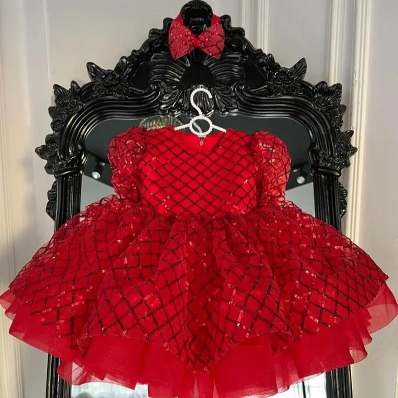 Festa de natal princesa lantejoulas vermelho meninas arco vestido de baile tutu vestidos luxuriante bebê crianças casamento vestido personalizado