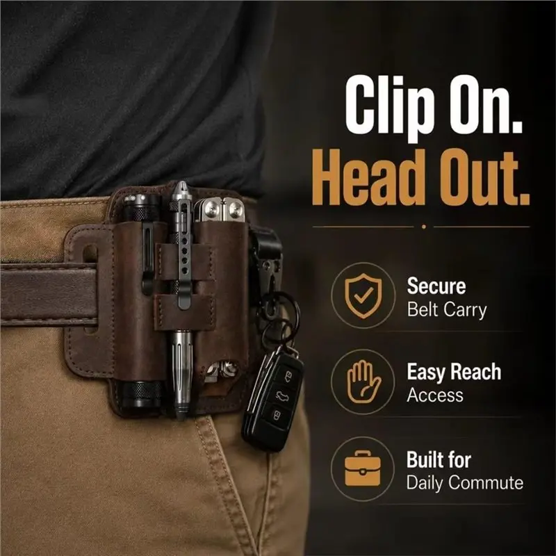 Dropship-For Belt Multitool Sheath-Pouch& Leather Case With Flashlight Holder, Pen Loop& Keychain Clip For Men view 6