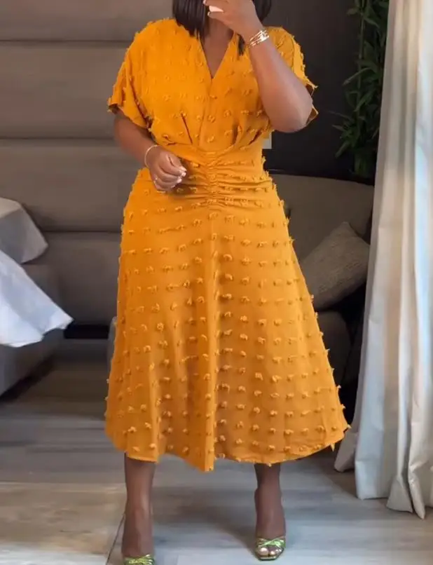 

Summer Solid Color Jacquard Dot Decoration Slim Fit A-Line Dress for Women Elegant V-Neck Slim Fit Short Sleeved Dress