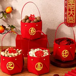 4Pcs Cloth Chinese Wedding Candy Bag Big Red Handle Joy Housewarming Handle Basket Wrapping Party Wedding Candy Gift Boxs