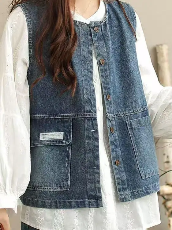 

Retro Denim Jaet Women's Spring New Versatile Workwear Vest Faion ort round Ne Layering oulder Pad Jaet Trendy