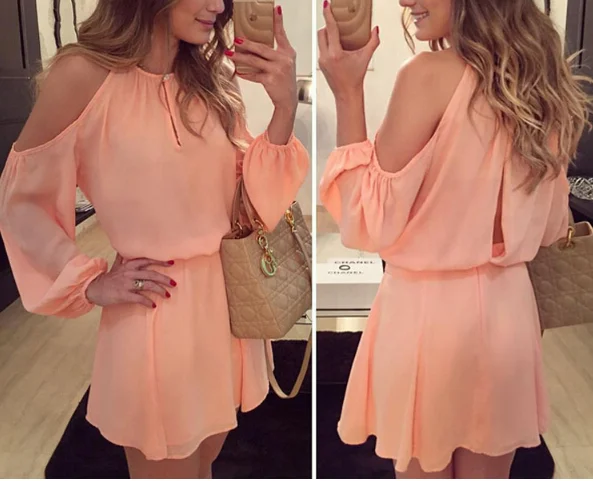 Vestido de verano de manga larga con hombros descubiertos para mujer, traje Sexy de Color liso, corte en A, 2023