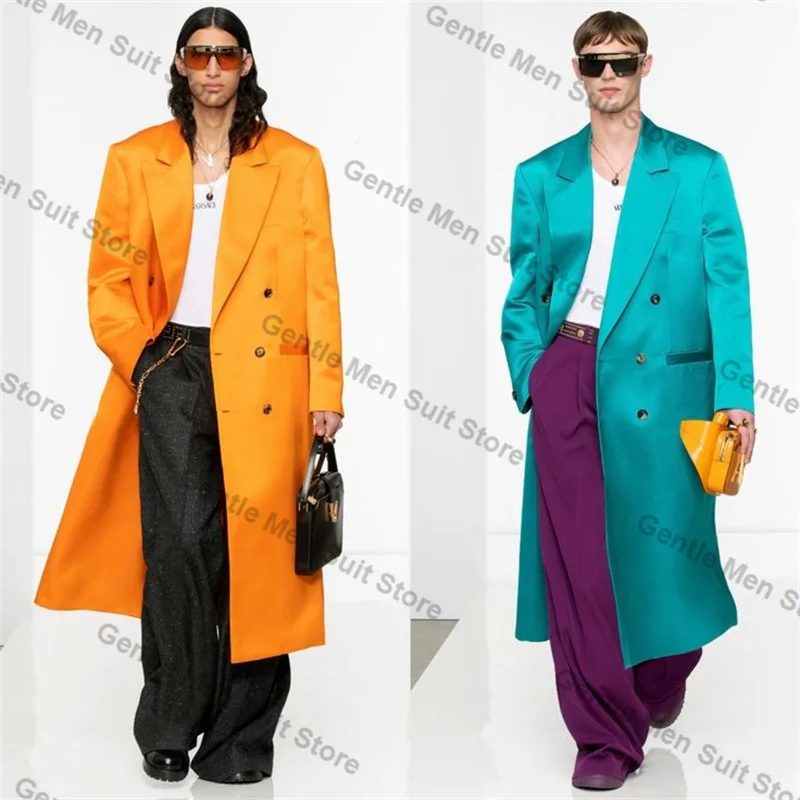 

Luxury Satin Men Suits 1 Piece Long Blazer Wedding Tuxedo Male Prom Maxi Coat Customized Formal Double Breasted Office Jacket