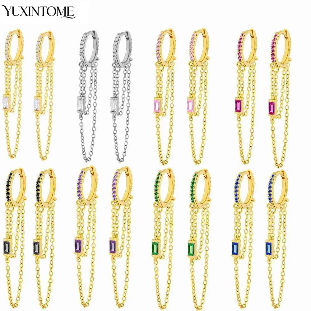 

925 Silver Ear Buckle Glitter Zircon Chain Huggies Hoop Earring For Women Ladies Cartilage Loop Earring Fine Jewelry Accessories