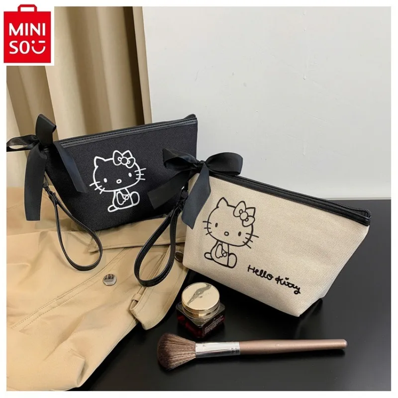 MINISO-Bolsa de telefone Hello Kitty Bow cosmética para mulheres, doce, leve, grande capacidade, bolsa de armazenamento multifuncional