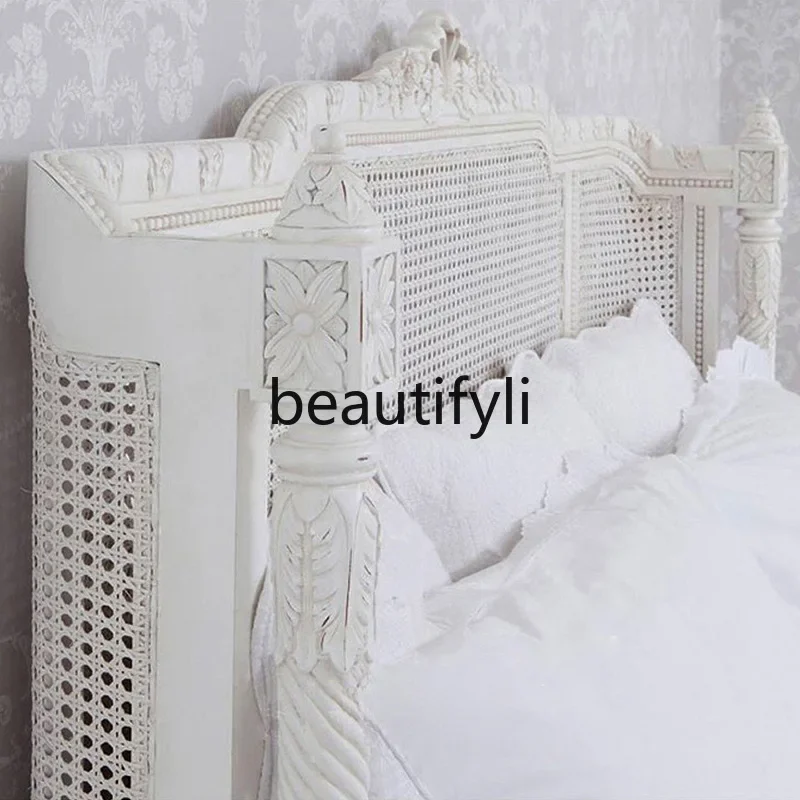 

Asmt52 Французская ретро-кровать из массива дерева, резная винтажная кровать из ротанга, двуспальная кровать в американском стиле кантри, римская колонна, полная принцесса из массива дерева