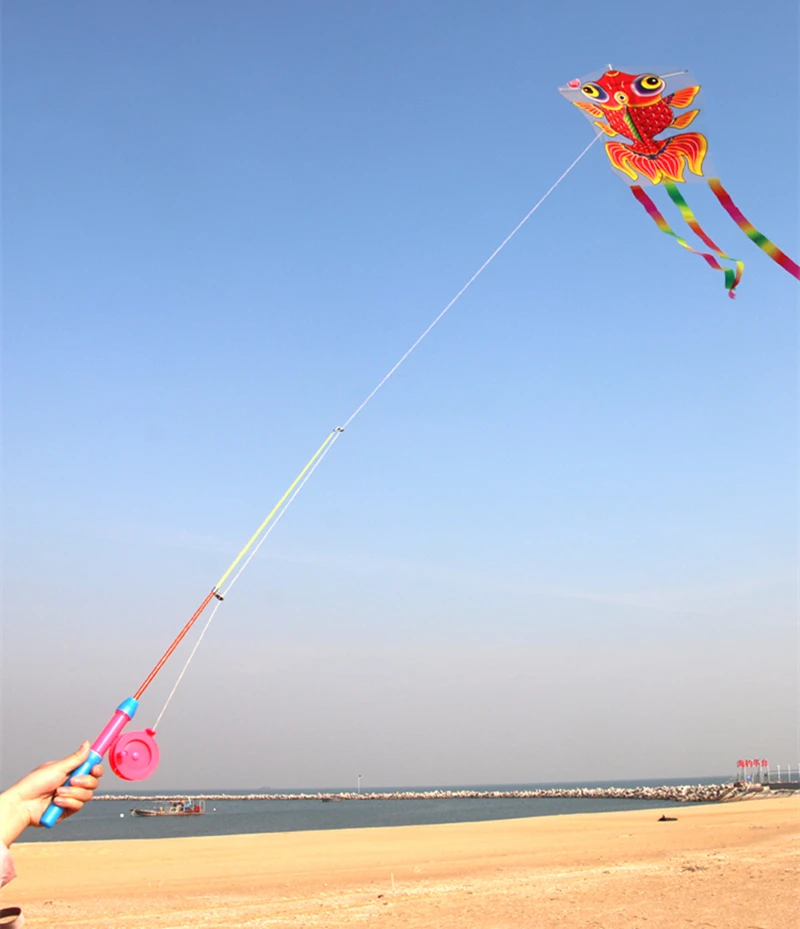 Free shipping 5pcs fishing rod line outdoor toys for kids kite animal kites flying children kites reel windsock fun fish kites