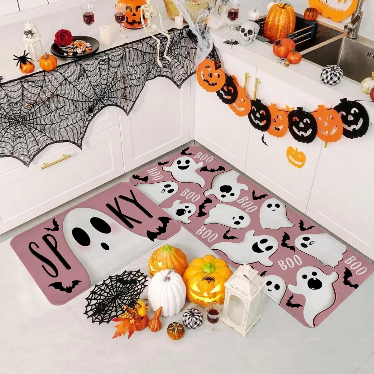 

1 шт., украшение для кухни на Хэллоуин, ковер, напольный коврик, милый призрак, летучая мышь, дизайн Boo, нескользящий фланелевой напольный коврик, ковер, украшение для дома