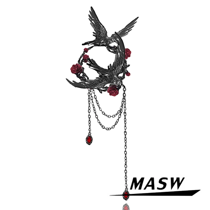 

MASW Original Design Hiphop Cool Hot Girl Style Red Crystal Flower Black Bird Brooches For Women Party Gift Modern Jewelry