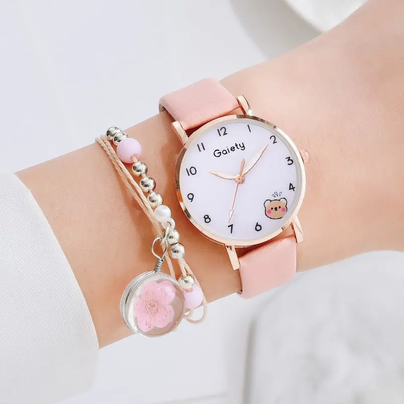 

Hot Sales Women Watch Simple Cute Bear Girls Clock Leather Quartz Students Wristwatch Bracelet 2 Pcs Set Cartoon reloj mujer