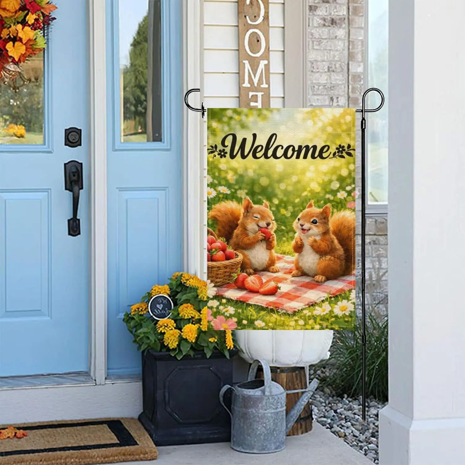 Fun Squirrel Welcom Garden Flag 12x18Inch Double Sided,Spring Summer Outdoor Yard Decor,Cute Animals Flowers Strawberries Pi PPZ