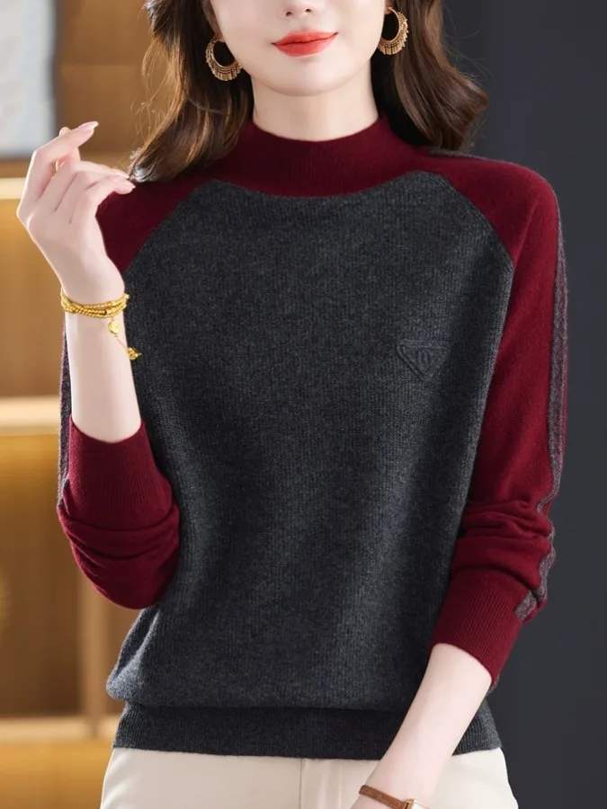 سترة محبوكة للأم من Faionable قاعدة irt Color Blo f بياقة عالية كاجوال Sle من الصوف الناعم مزيج شتوي طويل Sve