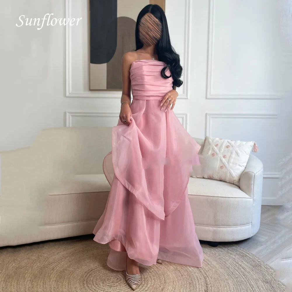 

Sunflower Strapless Prom Gowns Sleeveless Evening Dress Slim Tiered Organza A-LINE Party Dress 2023 Ankle-Length High-end Custom