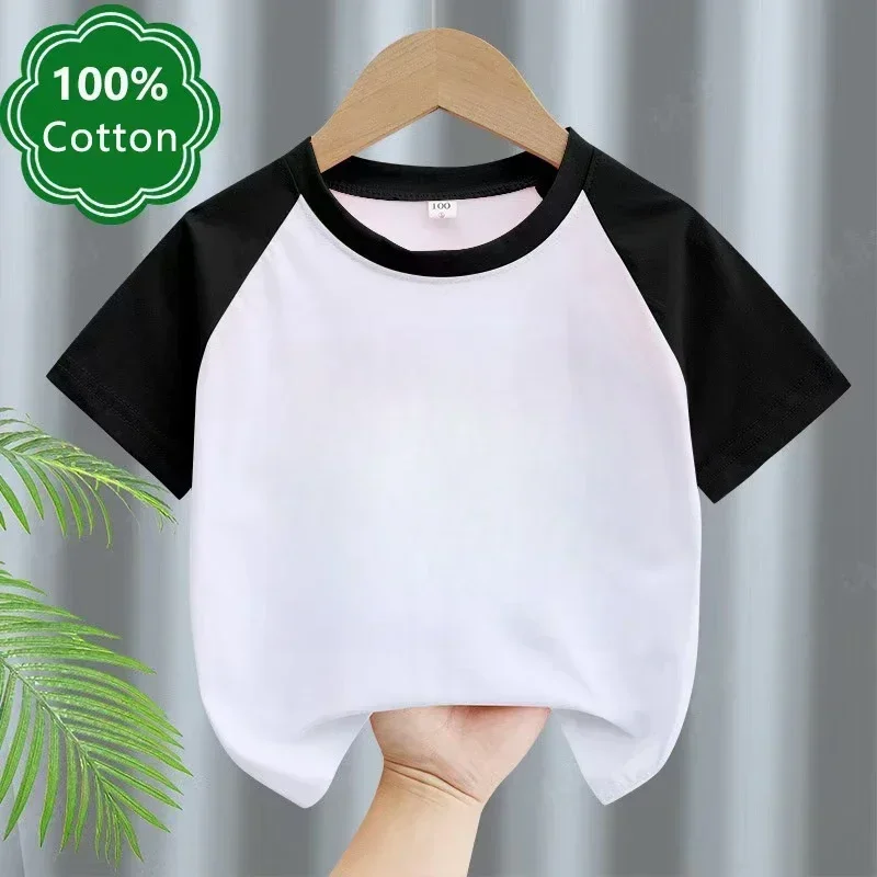 2026 Summer Kids Cotton T-shirt Solid Color O Neck Short Sleeve Blank Top White Pair Unisex Boys And Girls Round Neck Basic Tee