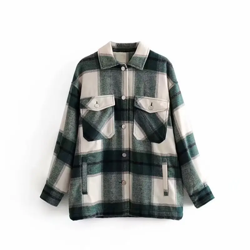 2023 Winter Oversize Gingham Plaid Woolen Shirt Jackets Warm Women Fashion Pockets Lapel Cute Girls Chic Check Coat Streetwear