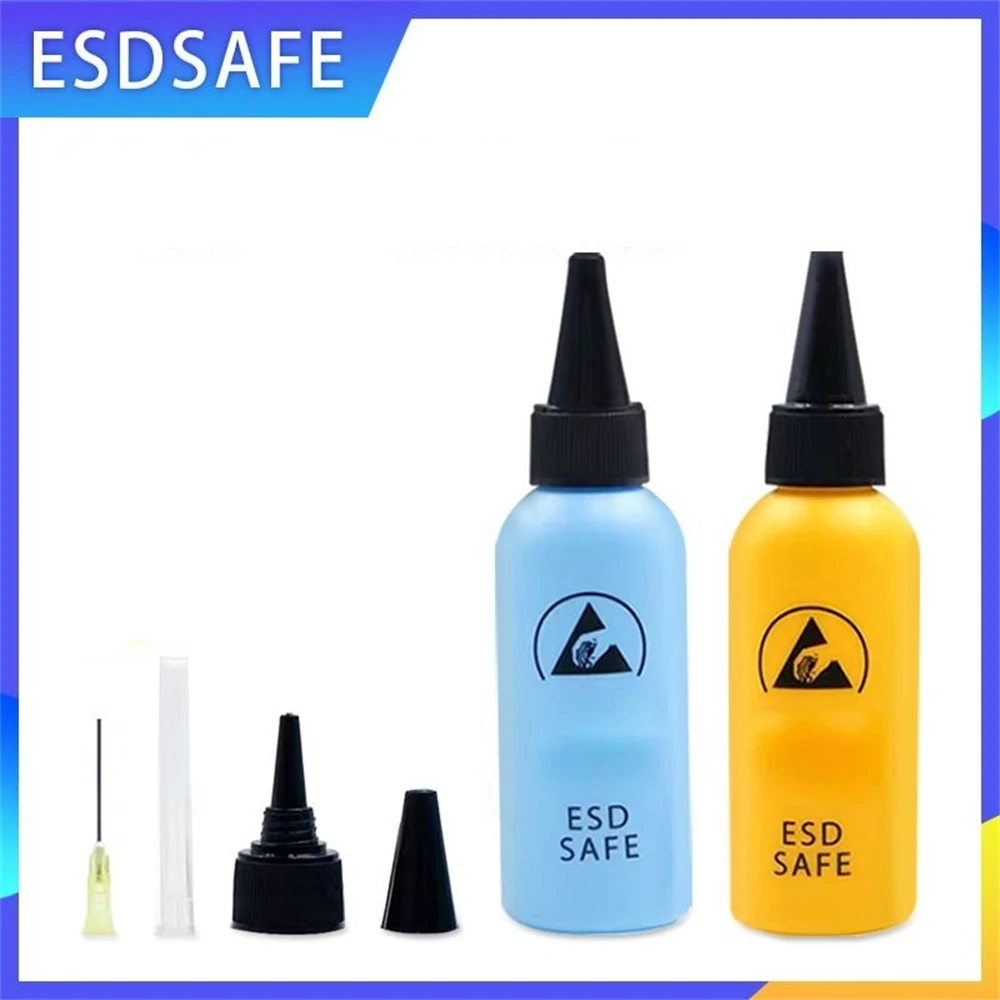 2pcs 60ML ESD Dispenser Plastic Solvent Bottle High Quality Leak Proof Needle Bottle for Glue Removal Hand Tool Sets Blue+Yellow