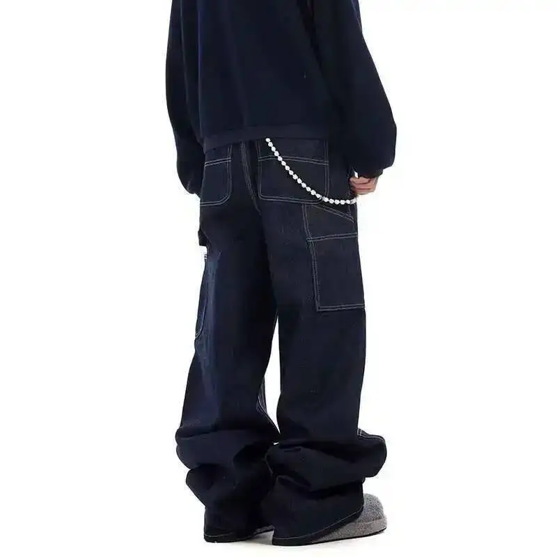 Niche Hip-hop Dark Blue Denim Silhouette Baggy Jeans American Loose Wide-legged Trailing Pants Men's Trousers  2QVEM